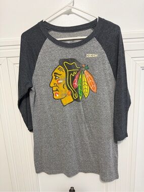 Chicago Blackhawks CCM Heather Gray and Charcoal Crewneck Raglan